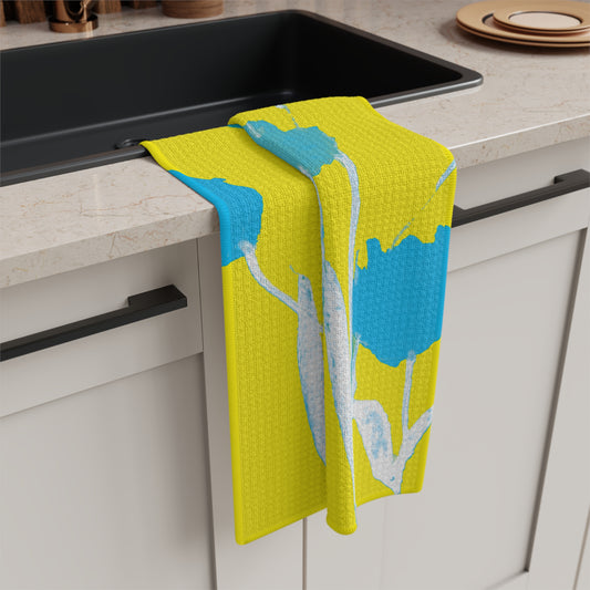 Miriam Rose "Turquoise Tulips" Waffle Weave Kitchen Towel