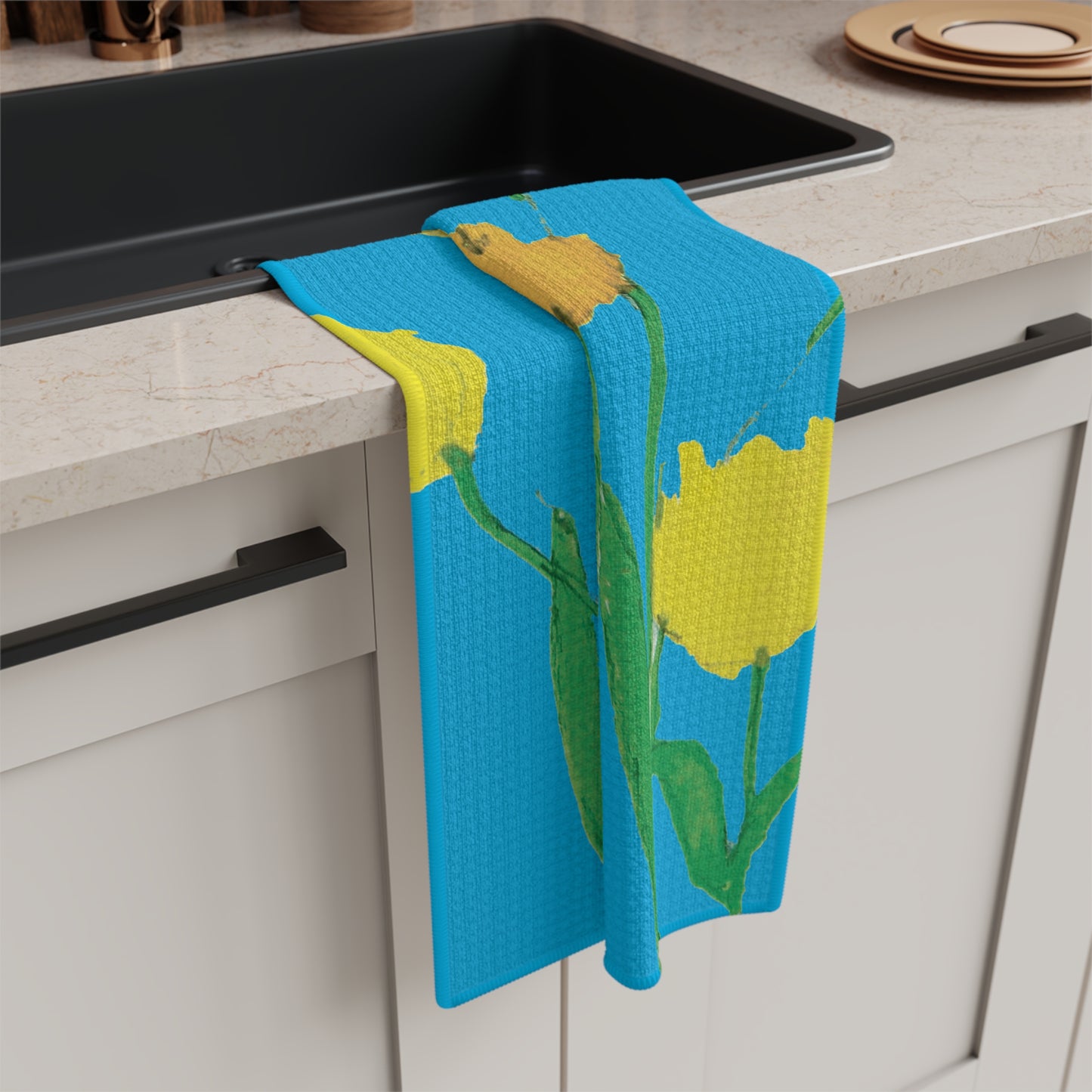 Miriam Rose "Golden Tulips" Waffle Weave Kitchen Towel